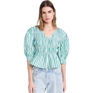 GANNI Creme de Menthe Stripe Cotton V-Neck‎ Fitted Blouse Sz UK 40/L